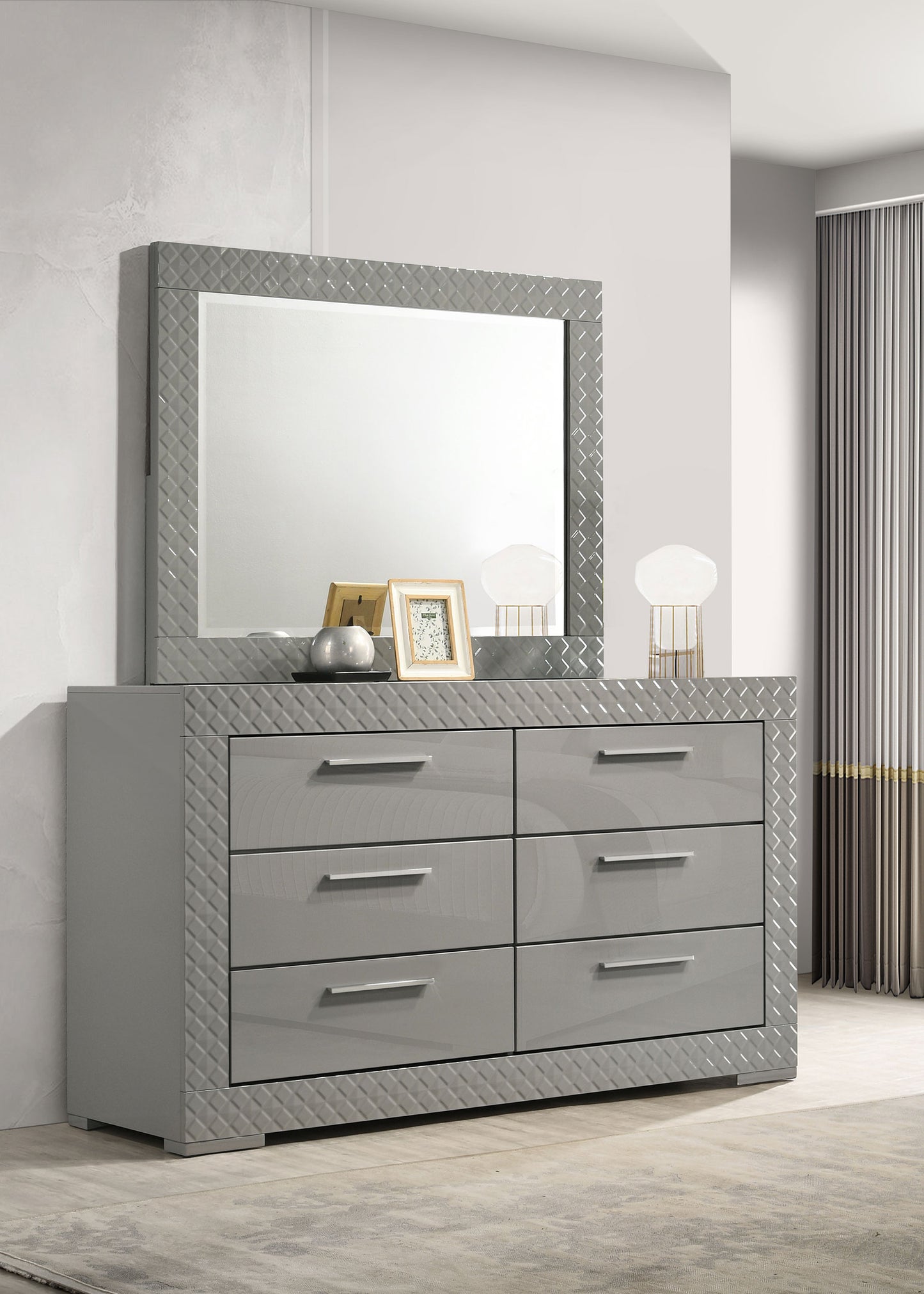 foster 6-drawer dresser and mirror grey high glossgrey high gloss