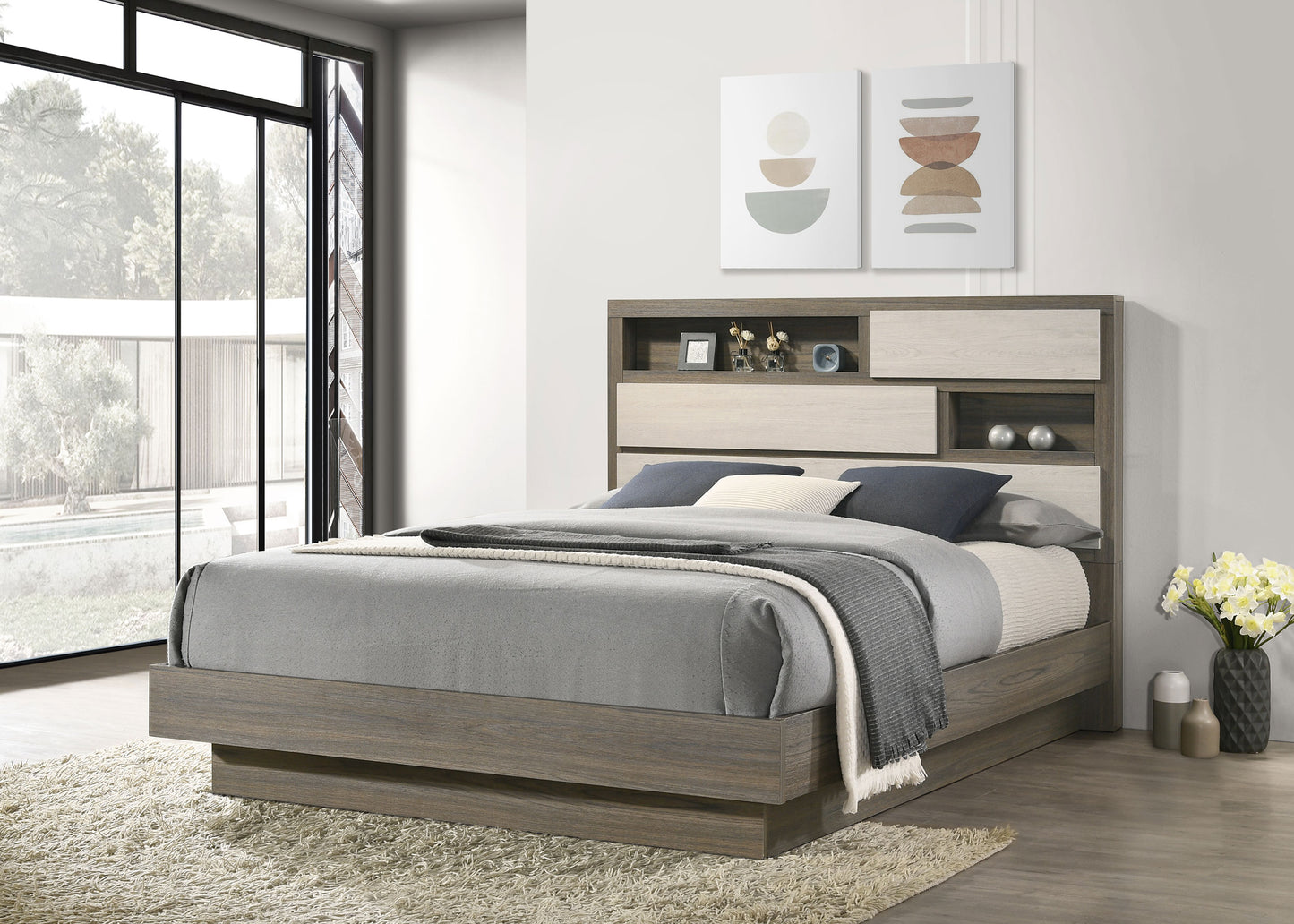keese queen bed bookcase headboard grey oakgrey oak/almond