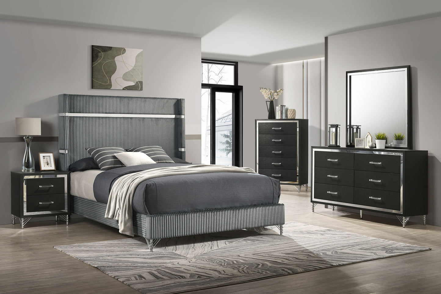jocelyn 5-piece eastern king bedroom set grey and blackgrey / black