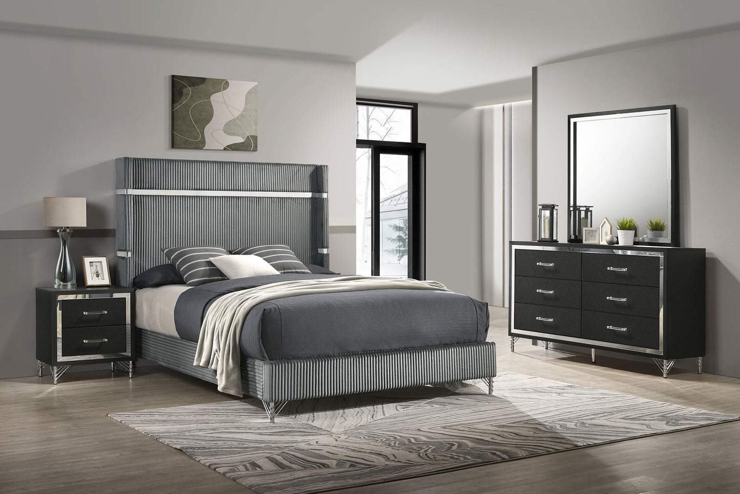 jocelyn 4-piece queen bedroom set grey and blackgrey / black