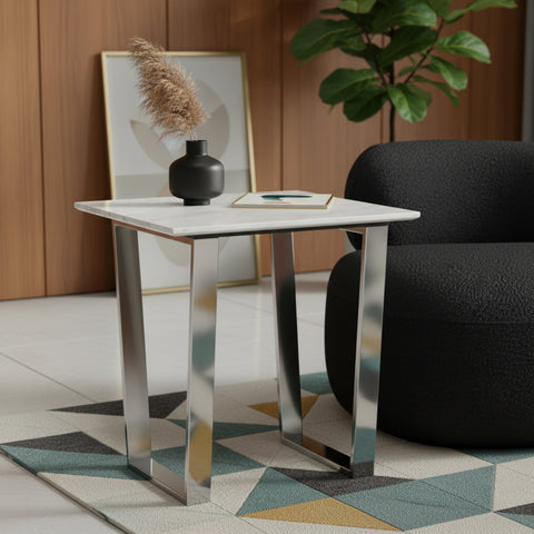 Dorian Chrome Marble Veneer Top And Chrome Steel Base End / Side Table, 1 Piece