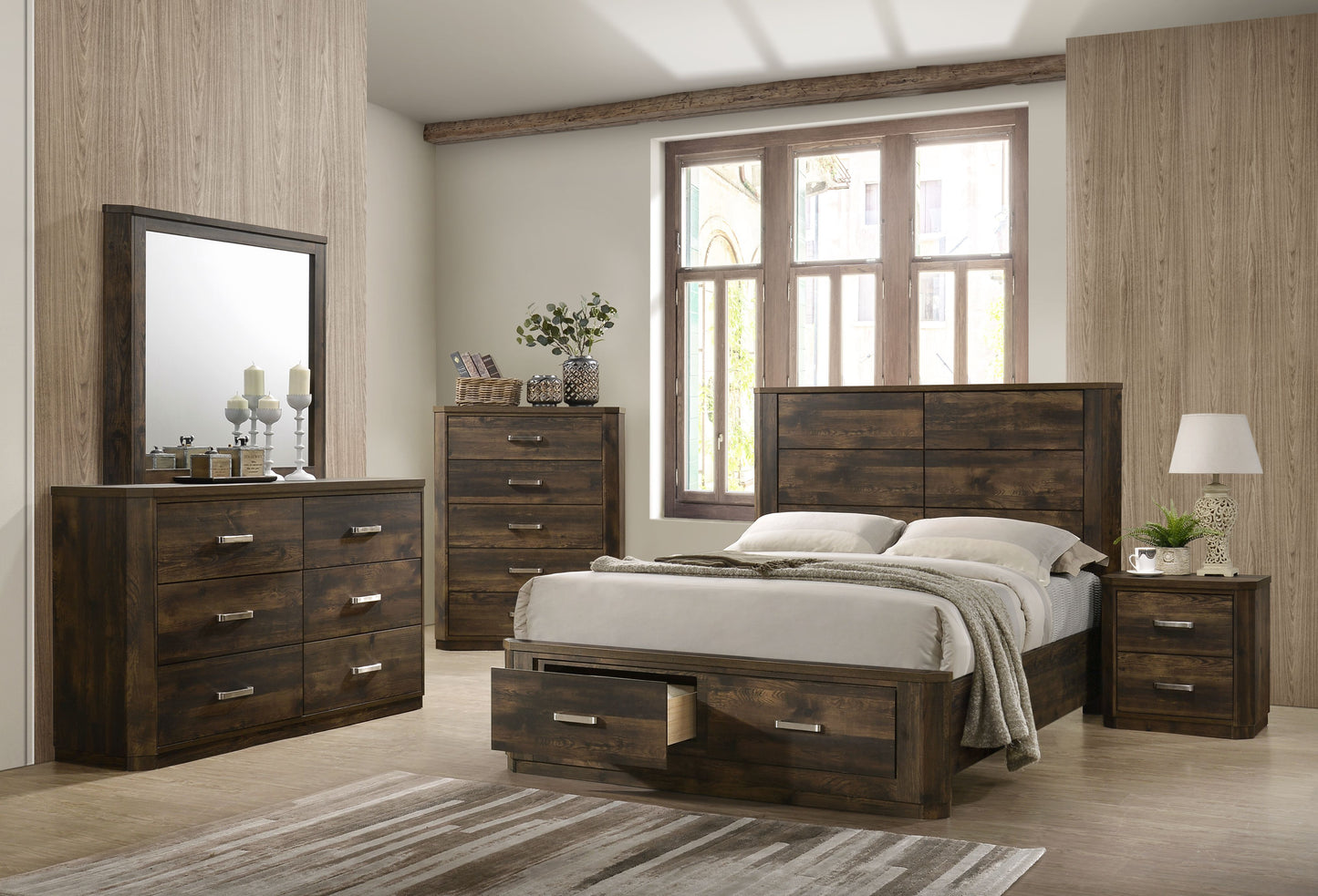 amida ek bed w/storage, rustic walnut finish