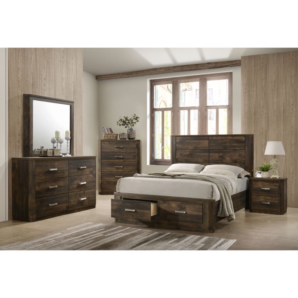 amida queen bed w/storage, rustic walnut finish