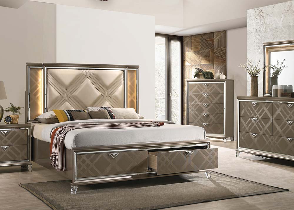 angwin ek bed w/led & storage, synthetic leather & dark champagne finish