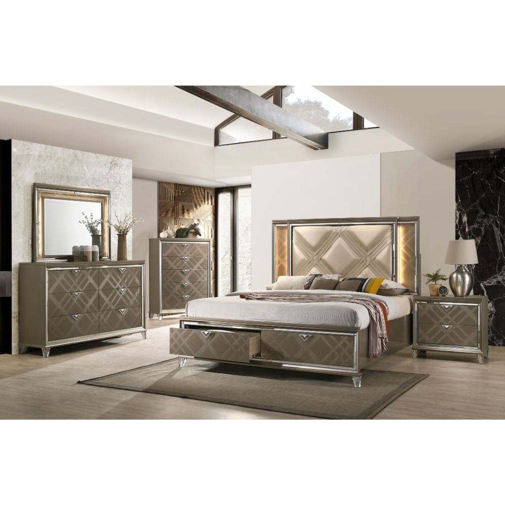 angwin queen bed w/led & storage, synthetic leather & dark champagne finish