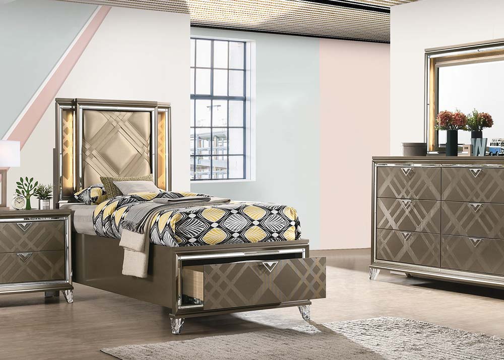 angwin full bed w/led & storage, synthetic leather & dark champagne finish