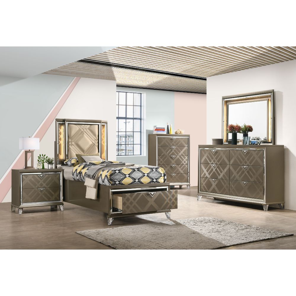 angwin twin bed w/led & storage, synthetic leather & dark champagne finish