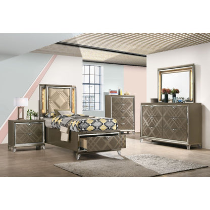 Angwin Twin Bed W/Led & Storage, Synthetic Leather & Dark Champagne Finish