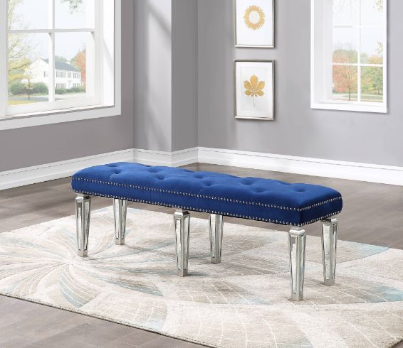 applewood bench, blue velvet & mirrored