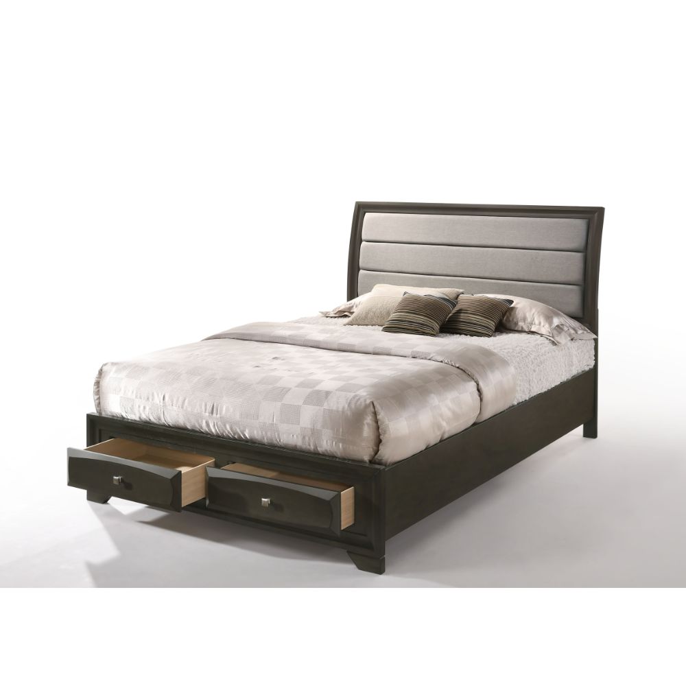 arundell soteris queen bed w/storage, gray fabric & antique gray finish