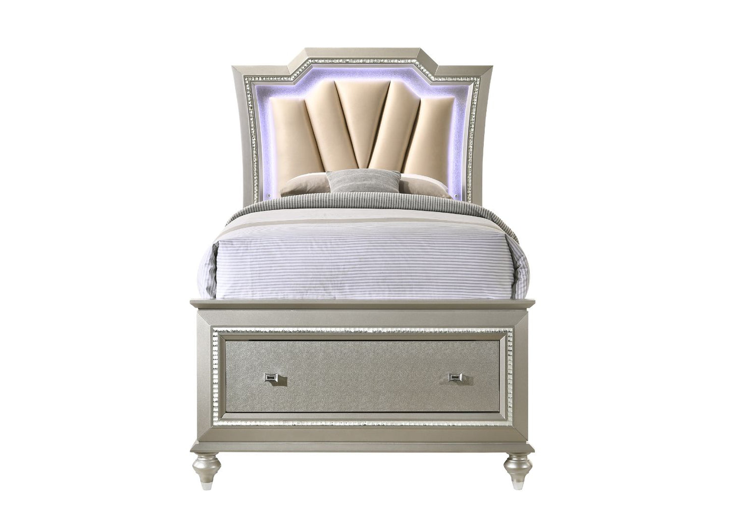 atalia twin bed w/led & storage, synthetic leather & champagne finish