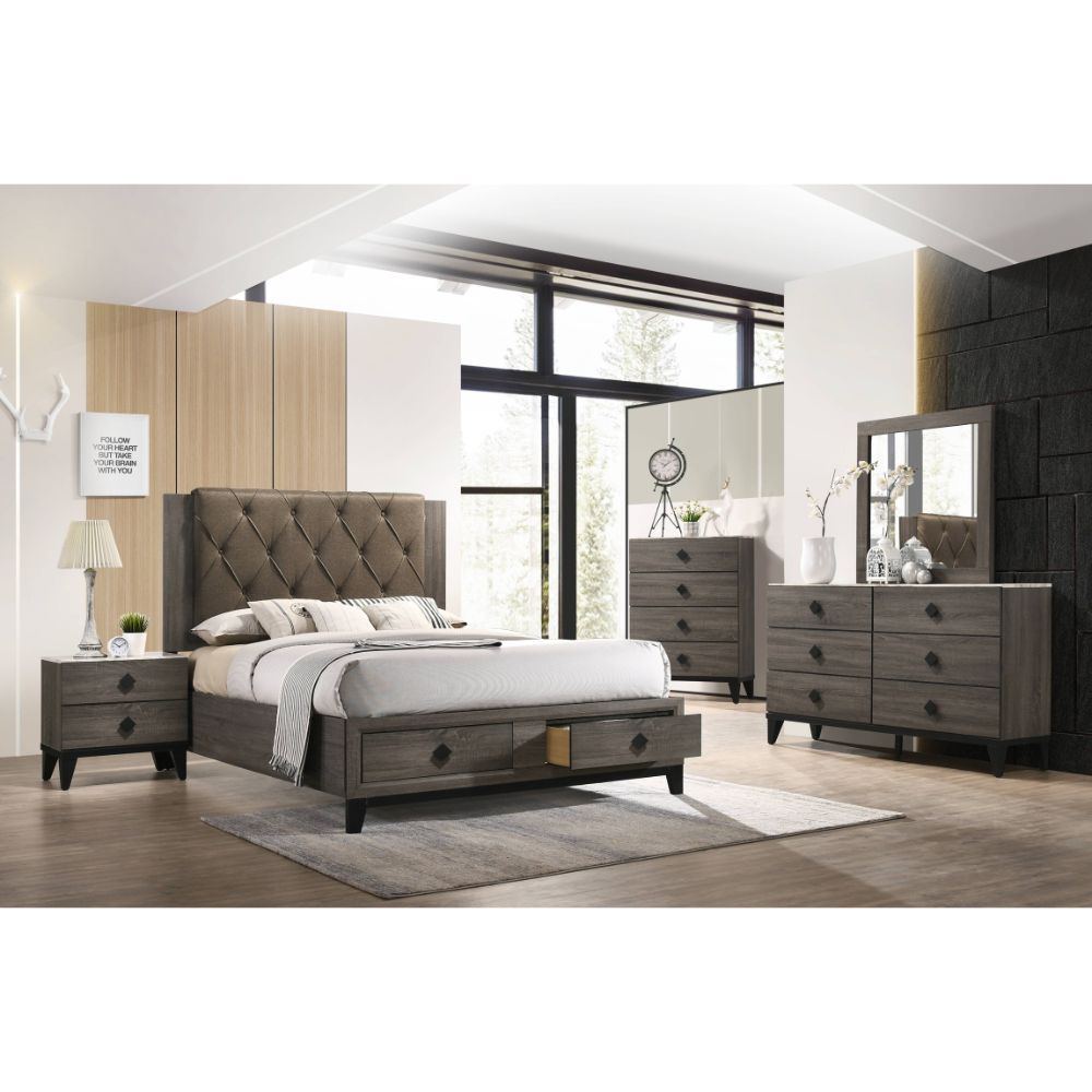 ava queen bed w/storage, fabric & rustic gray oak finish