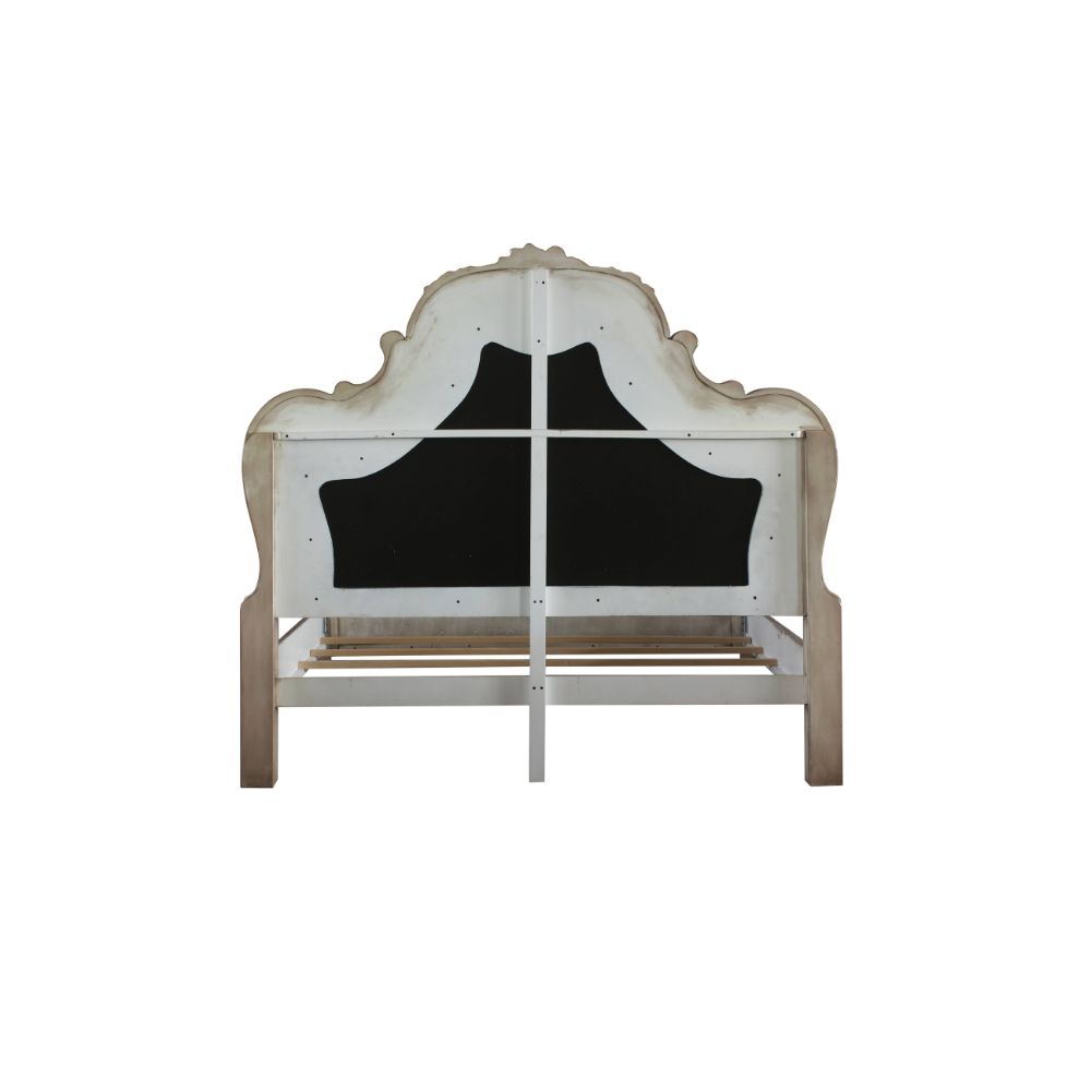 aditya queen bed, synthetic leather & vintage bone white finish