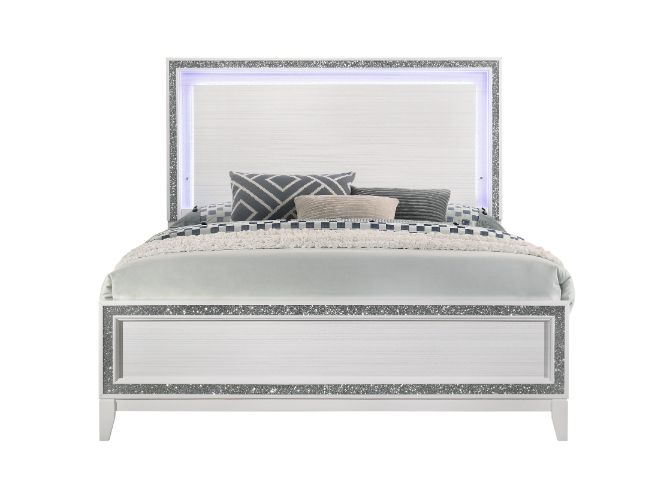 baara queen bed w/led, white finish