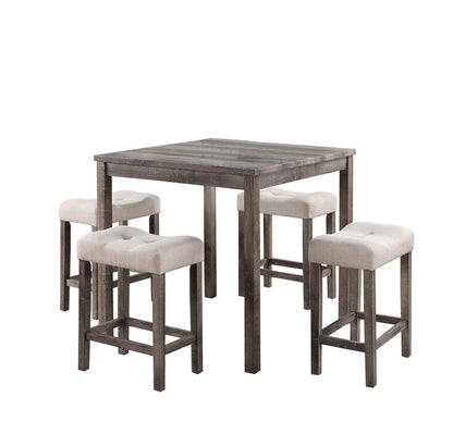 Moseberg Brown 5 Piece Counter Height 36" Pub Table Set with Tufted Creamy White Linen Stools