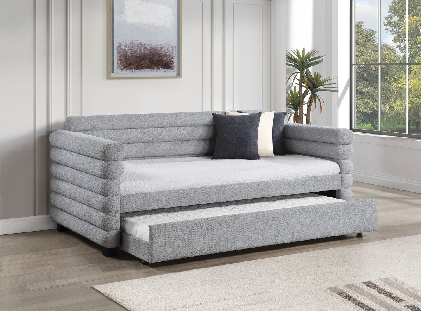 alderwood boucle upholstered twin day bed with trundle grey