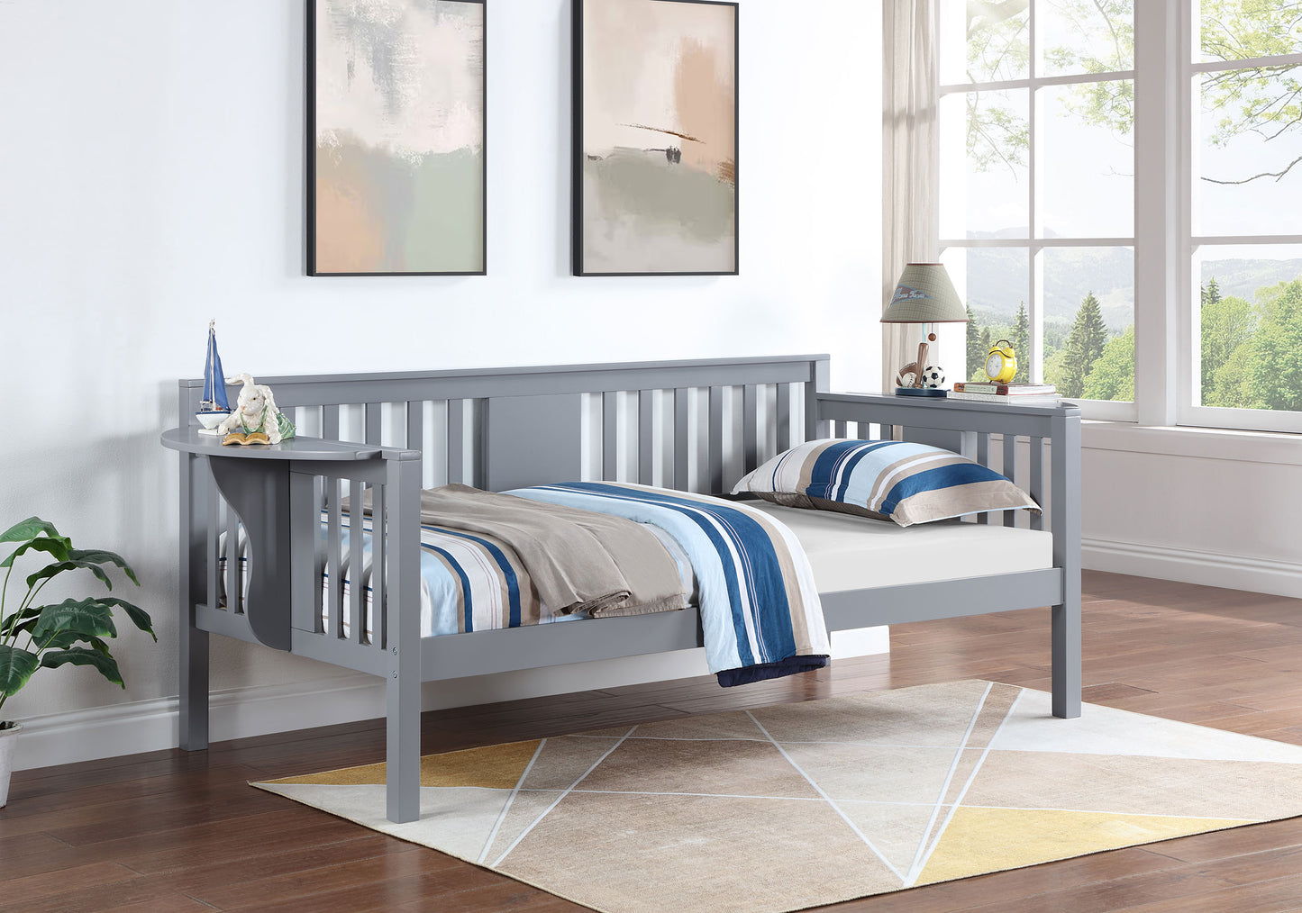 avenue wood twin daybed with drop-down tables grey