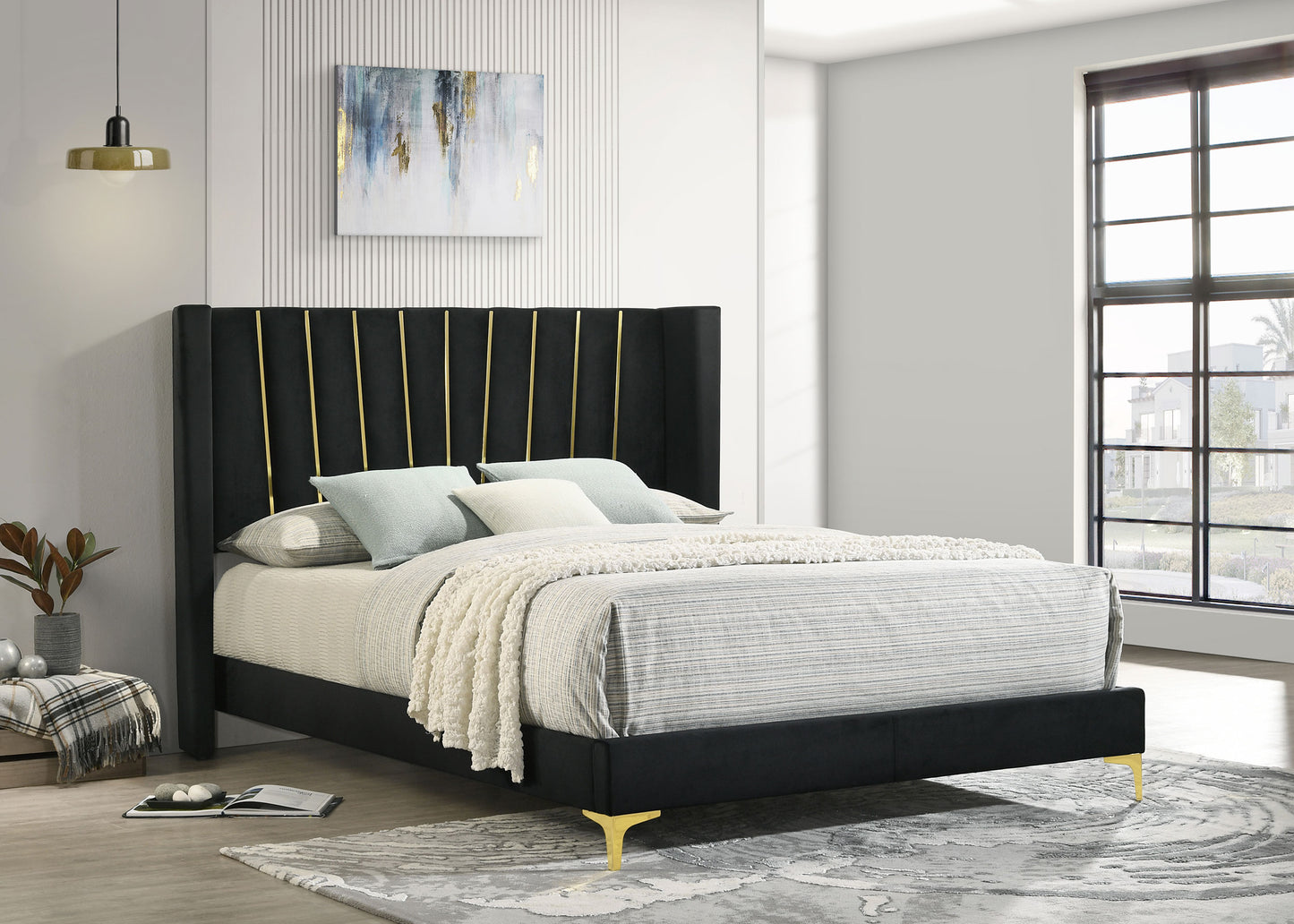 zahavah upholstered queen panel bed black