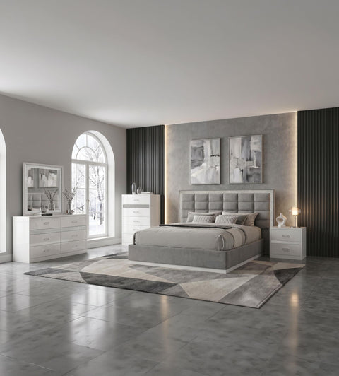 Cayenne Queen Chenille Platform Bed Grey and White High Gloss