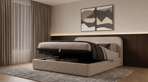 Pavone Upholstered Eastern King Storage Lift Platform Bed Beige