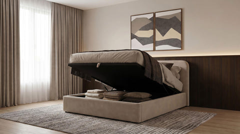 Pavone Upholstered Queen Storage Lift Platform Bed Beige