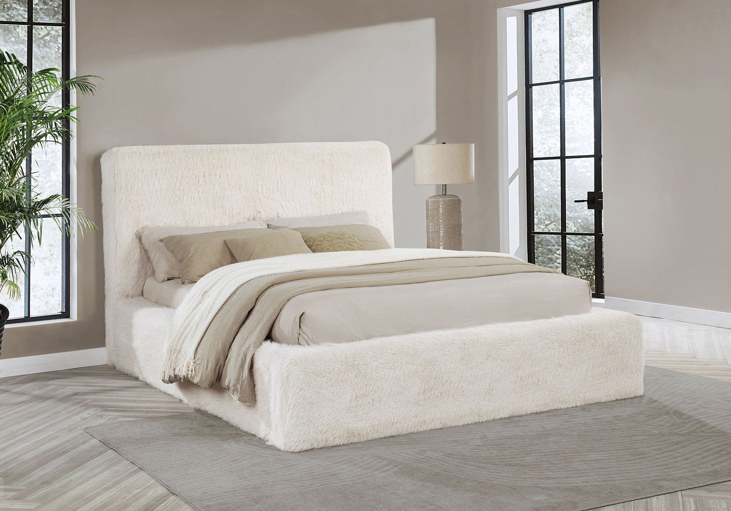 kayd faux fur upholstered queen bed cream