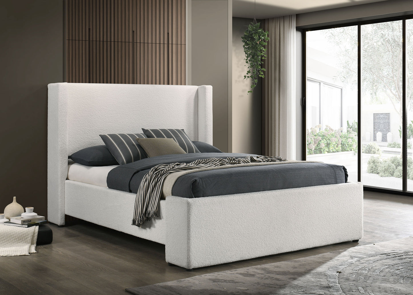 venera boucle upholstered eastern king wingback platform bed white