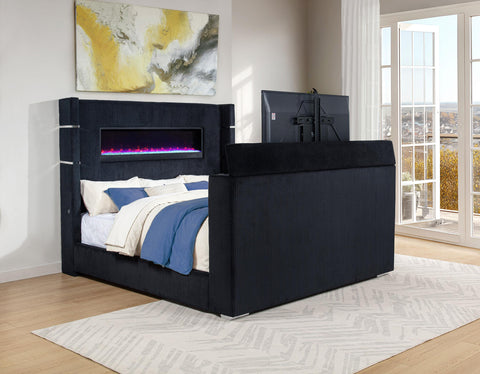 Reston Eastern King Flame Visualizer Wingback TV Bed Black