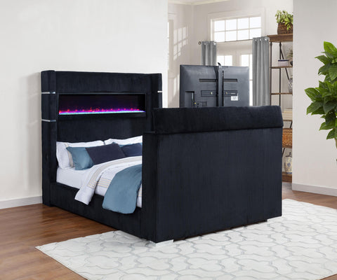 Reston Queen Flame Visualizer Wingback TV Bed Black