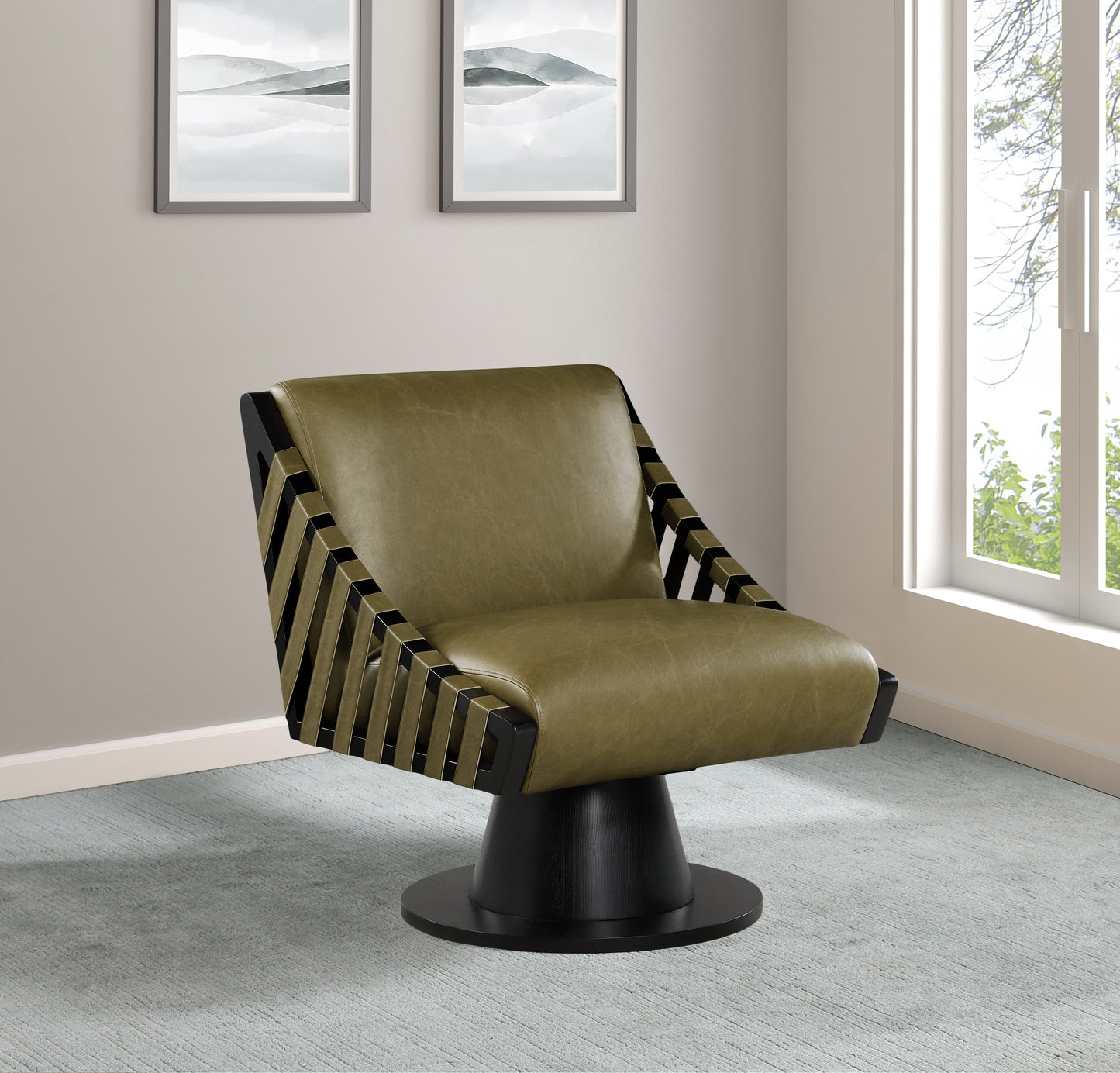 tulip olive vegan leather swivel accent chair