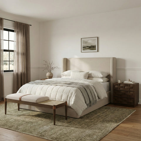 Emory Beige Cane And Linen Textured Fabric Upholstered Bench, 1 Piece