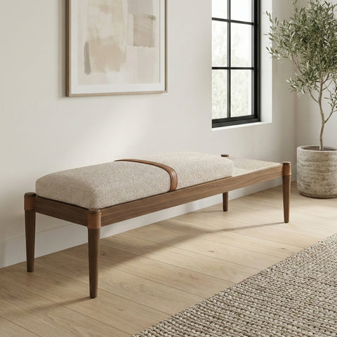 Emory Beige Cane And Linen Textured Fabric Upholstered Bench, 1 Piece