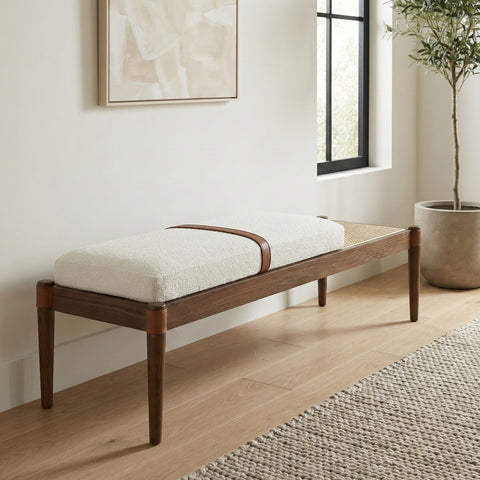 Emory Cream Cane And Linen Textured Fabric Upholstered Bench, 1 Piece