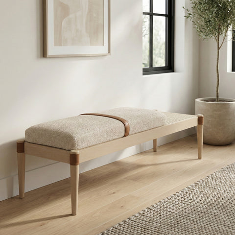 Emory Beige Cane And Linen Textured Fabric Upholstered Bench, 1 Piece (Style 2)