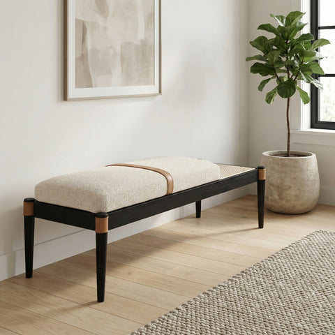 Emory Beige Cane And Linen Textured Fabric Upholstered Bench, 1 Piece (Style 3)