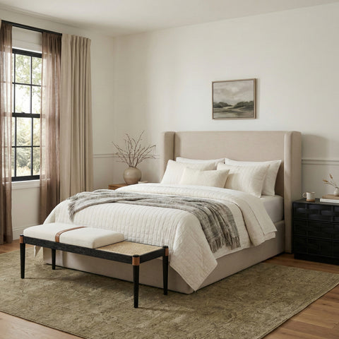 Emory Cream Cane And Linen Textured Fabric Upholstered Bench, 1 Piece (Style 3)