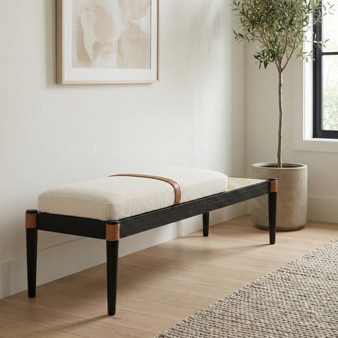 Emory Cream Cane And Linen Textured Fabric Upholstered Bench, 1 Piece (Style 3)