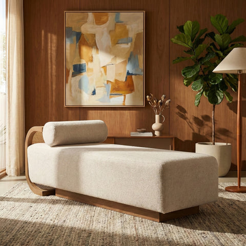 Willow Beige Cane And Linen Textured Fabric Upholstered Chaise, 1 Piece