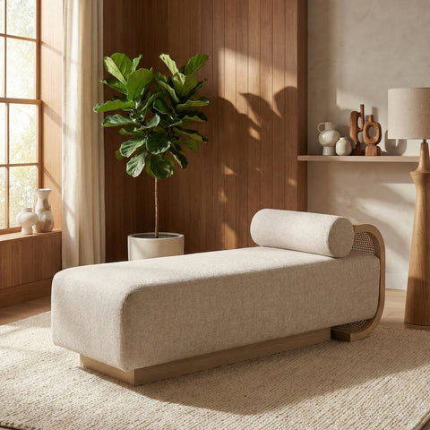 Willow Beige Cane And Linen Textured Fabric Upholstered Chaise, 1 Piece (Style 2)