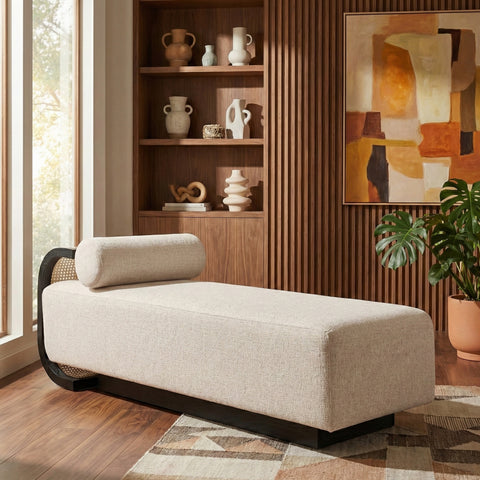 Willow Beige Cane And Linen Textured Fabric Upholstered Chaise, 1 Piece (Style 3)