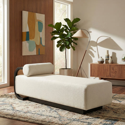 Willow Cream Cane And Linen Textured Fabric Upholstered Chaise, 1 Piece (Style 3)