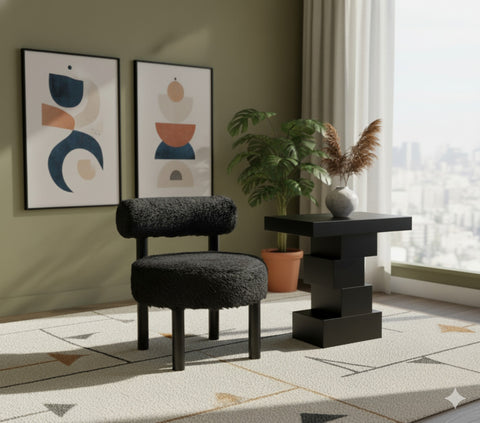 Celeste Black Vegan Shearling Fabric Upholstered Accent Chair, 1 Piece (Style 2)