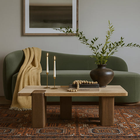 Selene Natural Genuine Travertine and Oak Wood Coffee Table, 1 Piece