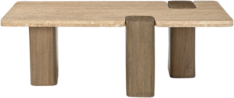Selene Natural Genuine Travertine and Oak Wood Coffee Table, 1 Piece