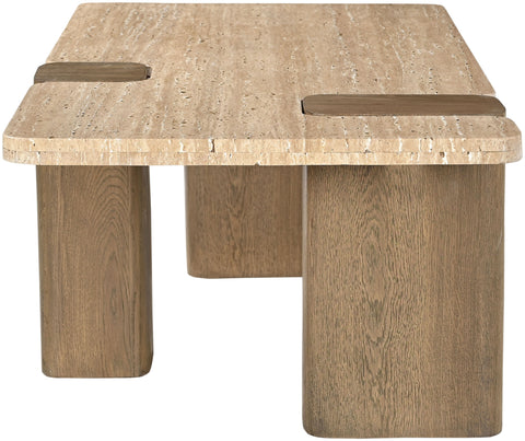 Selene Natural Genuine Travertine and Oak Wood Coffee Table, 1 Piece