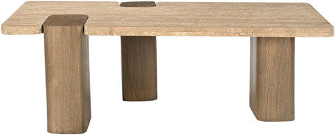Selene Natural Genuine Travertine and Oak Wood Coffee Table, 1 Piece