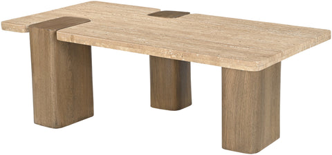 Selene Natural Genuine Travertine and Oak Wood Coffee Table, 1 Piece