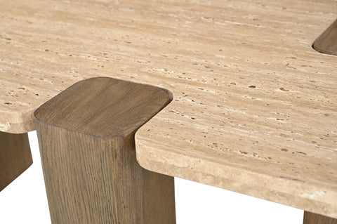 Selene Natural Genuine Travertine and Oak Wood Coffee Table, 1 Piece