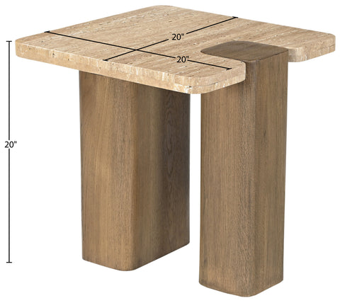 Selene Natural Genuine Travertine and Oak Wood End / Side Table, 1 Piece