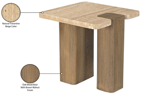 Selene Natural Genuine Travertine and Oak Wood End / Side Table, 1 Piece